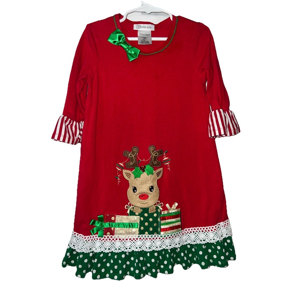 Bonnie Jean Girl's‎ 6 Reindeer Striped Colorful Gems Christmas Dress Tunic Top